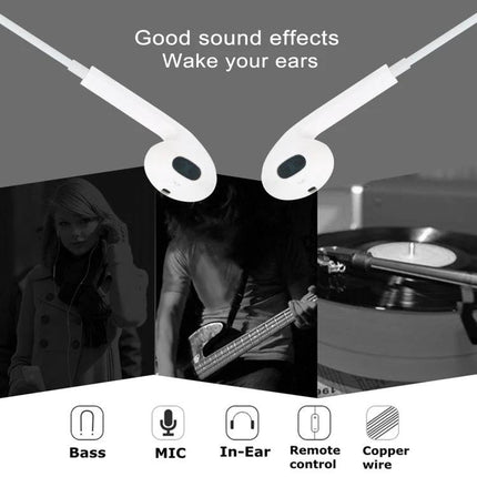 Wired 3.5mm Earphones With 1.2m Cable For Daily Listening white in-ear earbuds showing bass mic remote copper wire icons
