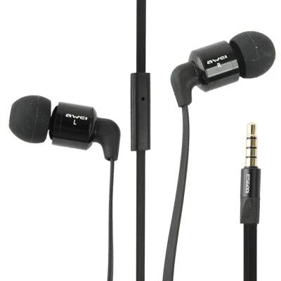 Awei Wired 3.5mm Headset For Commuting And Desk Calls black in-ear headset with inline mic and flat cable