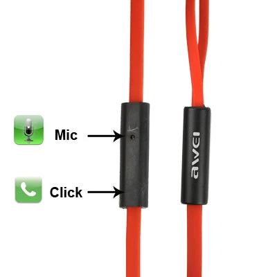 Awei Wired 3.5mm Headset For Commuting And Desk Calls with inline mic and click control on red flat cable