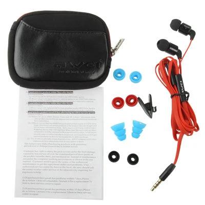 Awei Wired 3.5mm Headset For Commuting And Desk Calls with red noodle cable, inline mic, ear tips and carry pouch