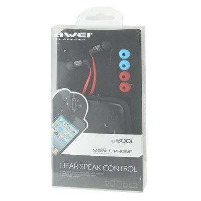 Awei Wired 3.5mm Headset For Commuting And Desk Calls in retail packaging with red noodle cable and extra ear tips