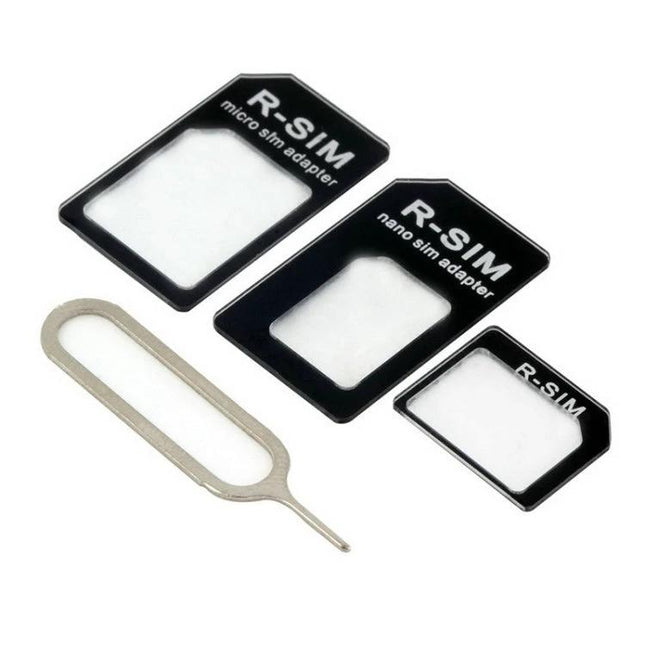 4-in-1 SIM Adapter Kit for Versatile Mobile Use showing nano, micro adapters, SIM tray ejector tool for phone upgrades and travel