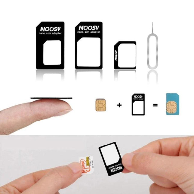 4-in-1 SIM Adapter Kit for Versatile Mobile Use showing nano SIM adapters, ejector tool and hands inserting a SIM