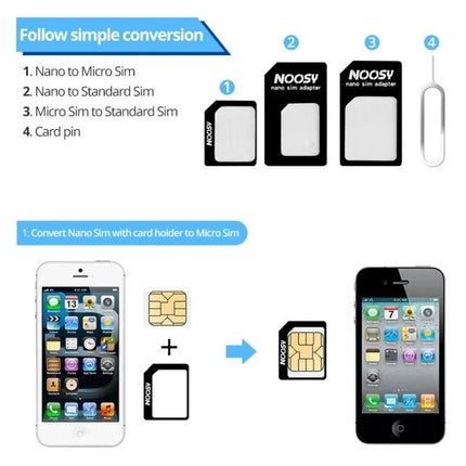 4-in-1 SIM Adapter Kit for Versatile Mobile Use showing Nano to Micro/Standard adapters and card pin for phone conversion