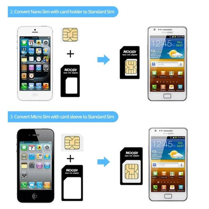 4-in-1 SIM Adapter Kit for Versatile Mobile Use showing Nano to Micro and Standard SIM conversion adapters