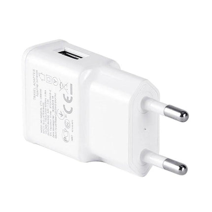 EU Plug Travel Charger Cable for Everyday Device Powering - compact white USB wall charger with two round EU pins for smartphone and tablet charging