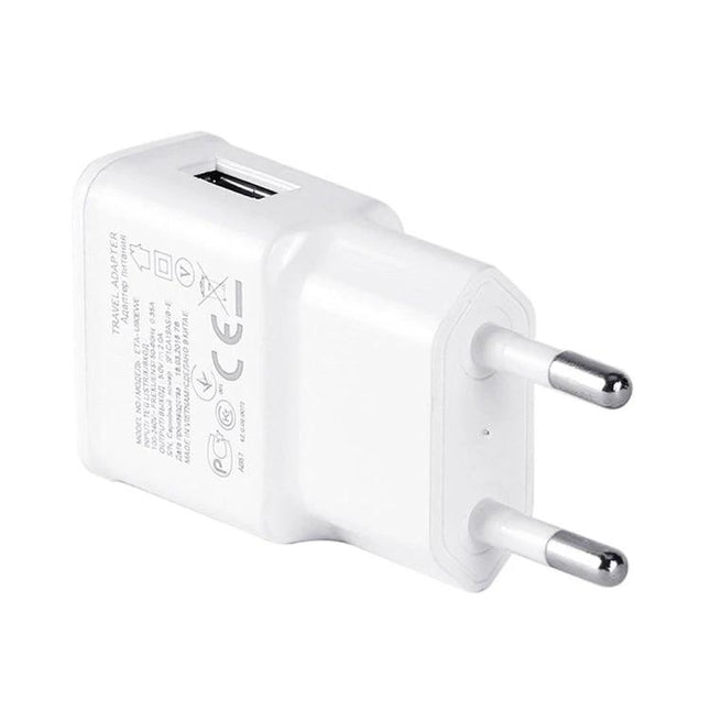 EU Plug Travel Charger Cable for Everyday Device Powering - compact white USB wall charger with two round EU pins for smartphone and tablet charging