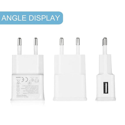 EU Plug Travel Charger Cable for Everyday Device Powering - white compact EU plug USB wall charger shown front side and angle views