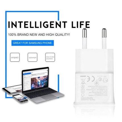 EU Plug Travel Charger Cable for Everyday Device Powering - white EU wall charger and devices shown