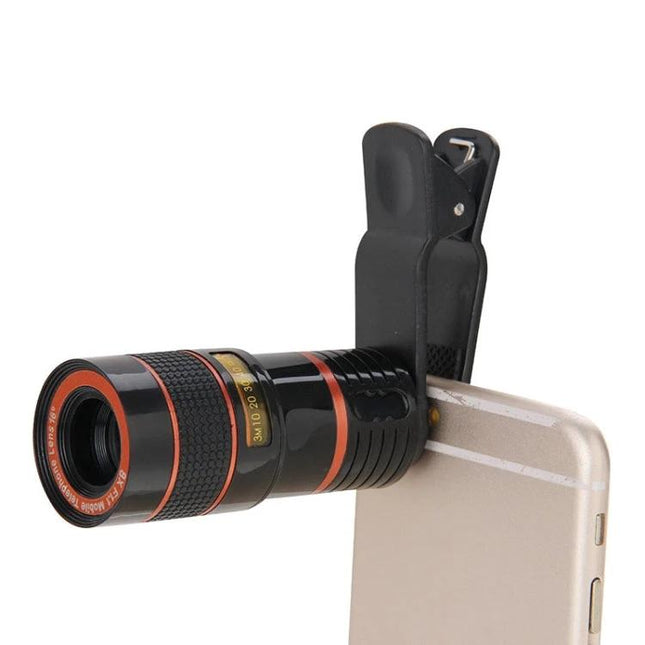 Telephoto Lens for Mobile Event Photography and Scenes clipped 8x zoom attachment on smartphone for concerts sports and travel photography