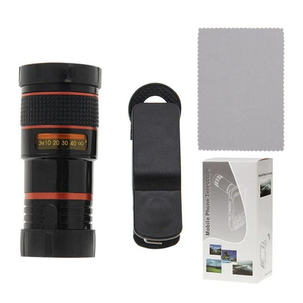 Telephoto Lens for Mobile Event Photography and Scenes - 8x zoom mobile phone telephoto lens with clip, cleaning cloth and packaging