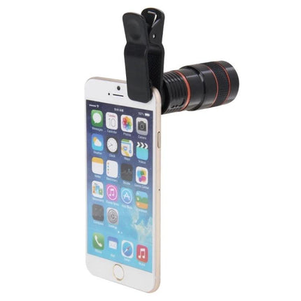 Telephoto Lens for Mobile Event Photography and Scenes - 8x clip-on telephoto lens attached to smartphone for concerts, sports, travel
