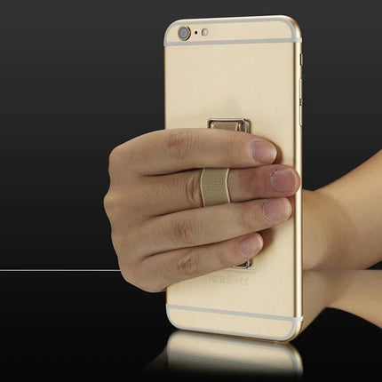 Universal Foldable Phone Stand with Finger Grip for Easy Holding on gold smartphone, hand secured by elastic finger strap for one-handed use