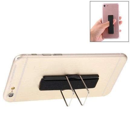 Universal Foldable Phone Stand with Finger Grip for Easy Holding on smartphone, shown folded flat and extended as a metal kickstand for hands-free viewing