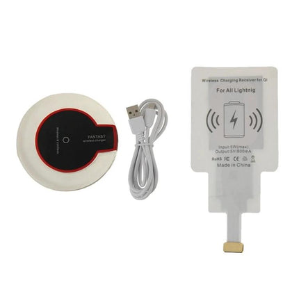 Convenient Charging Pad for Everyday Home Phone Use showing round wireless pad, USB cable, and Qi lightning receiver
