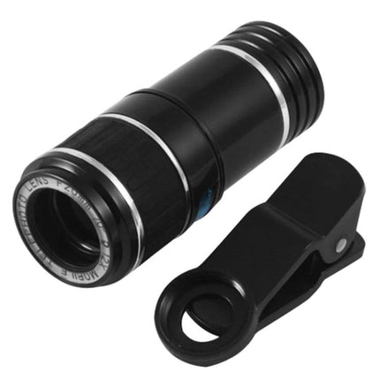Compact black 12X Zoom Telescope Lens for Distant Smartphone Viewing with universal clip for concerts, hiking and wildlife photography