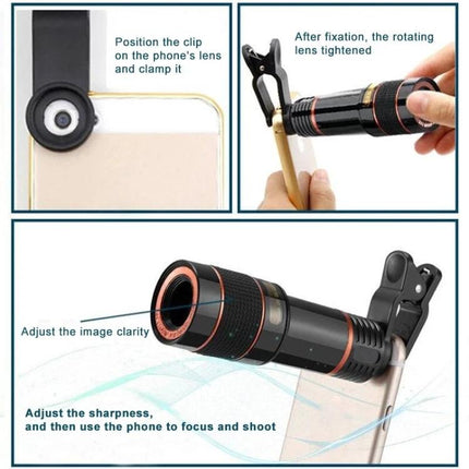 12X Zoom Telescope Lens for Distant Smartphone Viewing clip-on lens showing attachment, focus adjustment, and rotating zoom on smartphone
