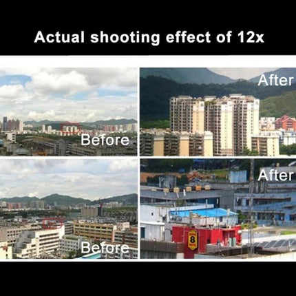 12X Zoom Telescope Lens for Distant Smartphone Viewing showing before and after cityscape close-ups with clearer distant building details