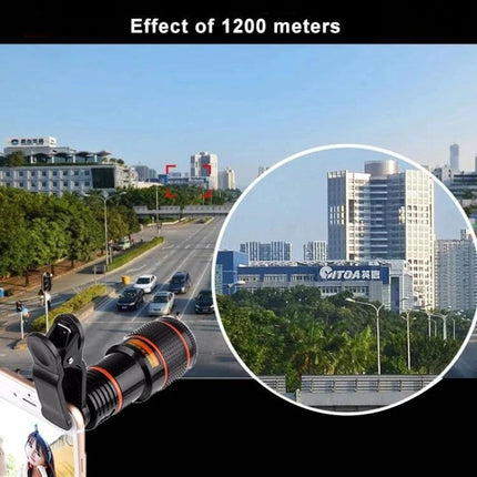 12X Zoom Telescope Lens for Distant Smartphone Viewing clipped to phone showing clear zoomed city buildings at 1200 meters