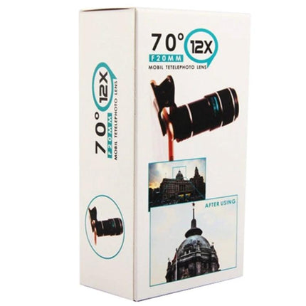 12X Zoom Telescope Lens for Distant Smartphone Viewing clipped on phone showing distant building details