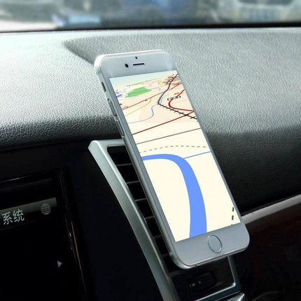 Air Vent Mount Clip For Smartphones Universal Car Phone Holder clipped to car vent holding smartphone displaying navigation map, rubber-grip magnetic surface