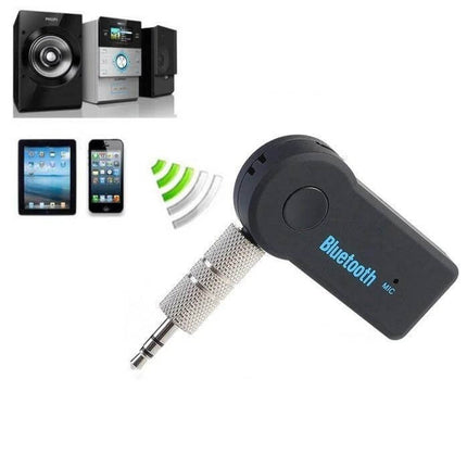 Car Bluetooth Handsfree Music Mic Receiver For Smartphones plug-in adapter showing 3.5mm jack, mic and Bluetooth streaming to speakers and phones