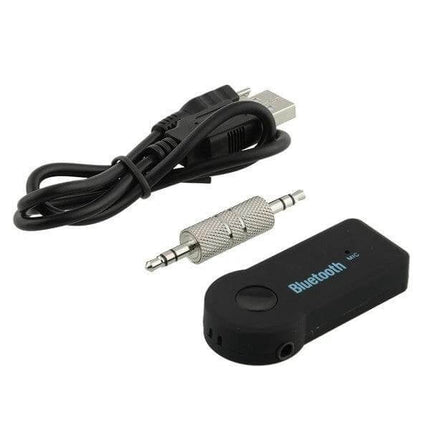 Car Bluetooth Handsfree Music Mic Receiver For Smartphones - compact black Bluetooth audio receiver with USB cable and 3.5mm adapter