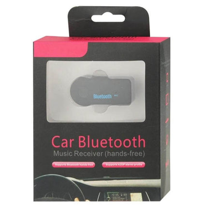 Car Bluetooth Handsfree Music Mic Receiver For Smartphones - compact in retail packaging showing device and Bluetooth label