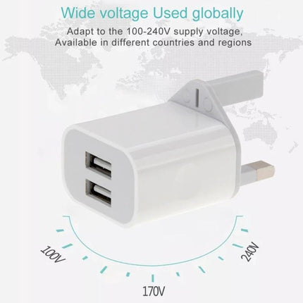 Compact USB Charger for Daily Device Charging Needs - white dual USB wall charger, compact travel adapter for phones and headsets, wide voltage 100-240V