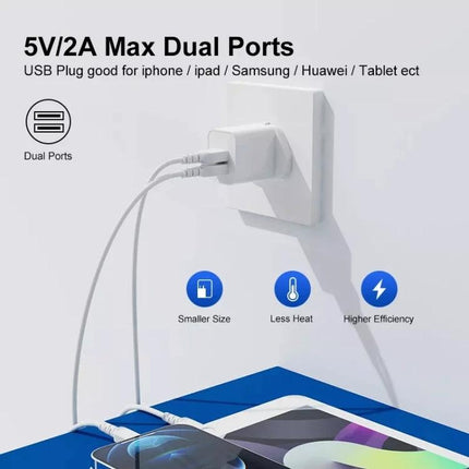Compact USB Charger for Daily Device Charging Needs plugged into wall with dual USB cables charging phone and tablet, compact size and dual ports