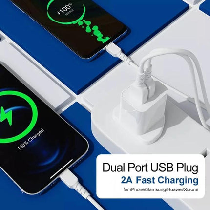 Compact USB Charger for Daily Device Charging Needs shown as a dual-port fast charging wall plug powering two smartphones