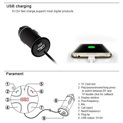 Bluetooth Car Charger With Hands Free Calling And Music Switching - compact car charger with USB charging, TF card slot, hands-free calling and music auto-resume