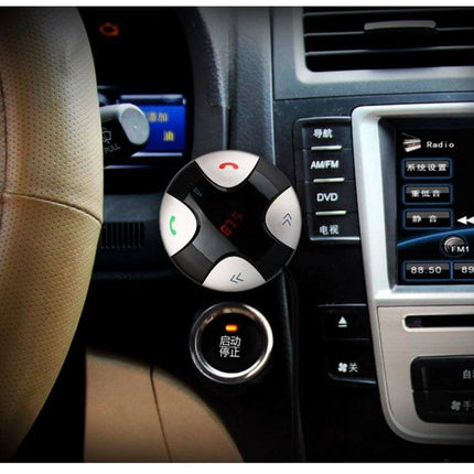 Bluetooth Car Charger With Hands Free Calling And Music Switching mounted in car cigarette lighter, shows call buttons and music controls