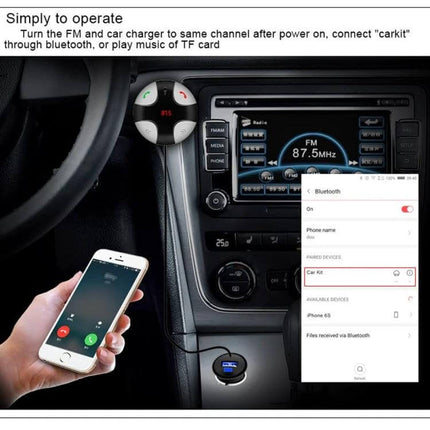 Bluetooth Car Charger With Hands Free Calling And Music Switching in car, streaming phone call and music via FM transmitter
