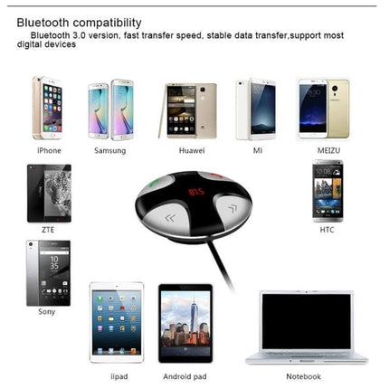 Bluetooth Car Charger With Hands Free Calling And Music Switching - compact Bluetooth 3.0 unit showing compatibility with iPhone, Samsung, Huawei, tablets and laptops