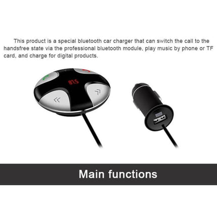 Bluetooth Car Charger With Hands Free Calling And Music Switching compact in-car unit with USB charger, call buttons and TF/MP3 music support