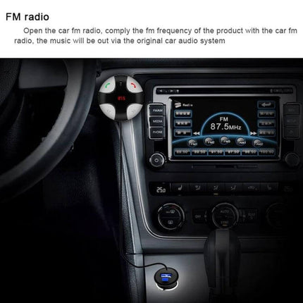 Bluetooth Car Charger With Hands Free Calling And Music Switching plugged into car cigarette lighter streaming FM 87.5MHz and showing hands-free control