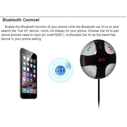 Bluetooth Car Charger With Hands Free Calling And Music Switching compact in-car unit showing phone pairing BT icon and control pad