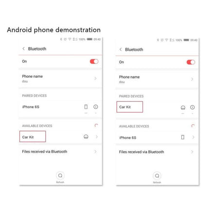 Bluetooth Car Charger With Hands Free Calling And Music Switching demonstrating Android Bluetooth pairing screen showing device named 'Car Kit' and paired devices