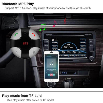 Bluetooth Car Charger With Hands Free Calling And Music Switching streaming phone music to car FM, hands-free calls, TF card and MP3 support, compact in-dash unit