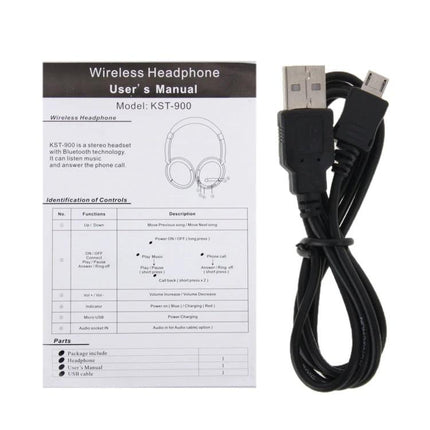 Lightweight Wireless Bluetooth Headphones For Commuting USB charging cable and user manual shown for commuter headset setup