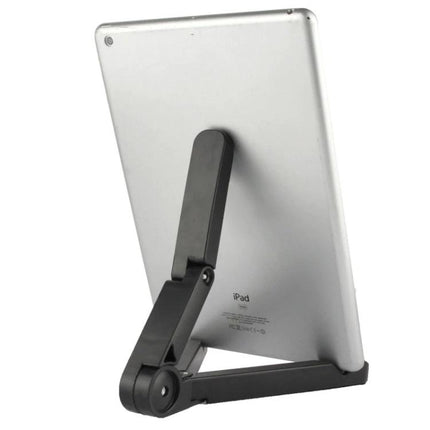 Versatile Adjustable Tablet Stand for 7-10 Inch Tablets and Devices showing black adjustable stand holding a silver tablet at viewing angle