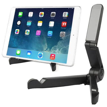 Versatile Adjustable Tablet Stand for 7-10 Inch Tablets and Devices shown holding a 10-inch tablet at an adjustable angle for desk, kitchen, or meeting use