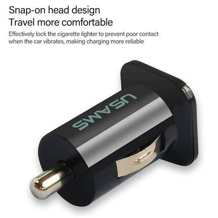 Car USB Charger Dual Ports 2.1A and 1A for Phones and GPS - compact snap-on head design for secure cigarette lighter connection, dual 2.1A/1A USB outputs