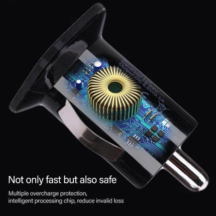 Car USB Charger Dual Ports 2.1A and 1A for Phones and GPS — transparent view showing internal circuit and coil, dual-port 5V car charger