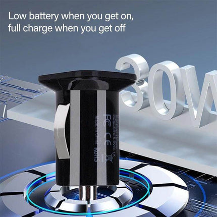 Car USB Charger Dual Ports 2.1A and 1A for Phones and GPS shown plugged in with dual USB outputs, ideal for charging phones and GPS on road trips