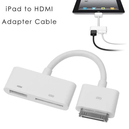 Connect Your iPad to HDTV for Home Screen Sharing with white HDMI adapter cable plugged into iPad for photos, video, and presentations