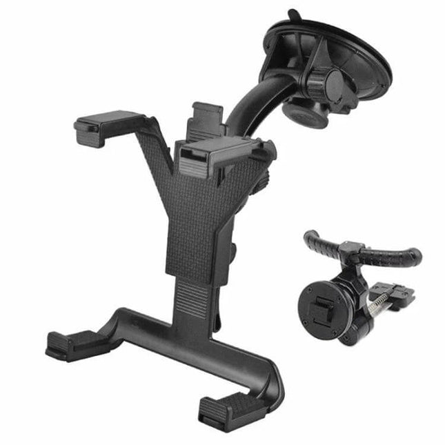2-In-1 Tablet Car Holder With Air Vent Mount For iPad And Tablets shown mounted on dashboard and air vent with suction and clip options