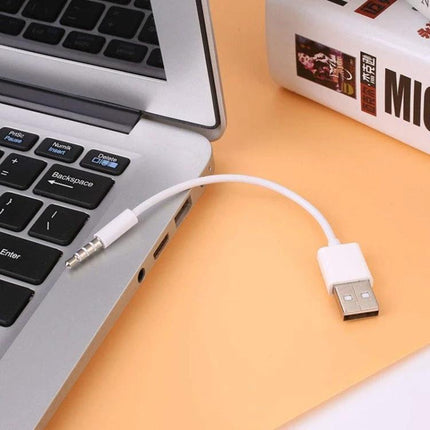Essential Cable for Daily iPod Syncing and Charging at Home - white USB to 3.5mm style cable next to laptop for syncing and charging