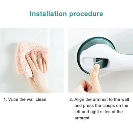 Secure Grip Handle for Everyday Bath and Shower Support installation steps showing wall wipe and armrest alignment with suction clamps